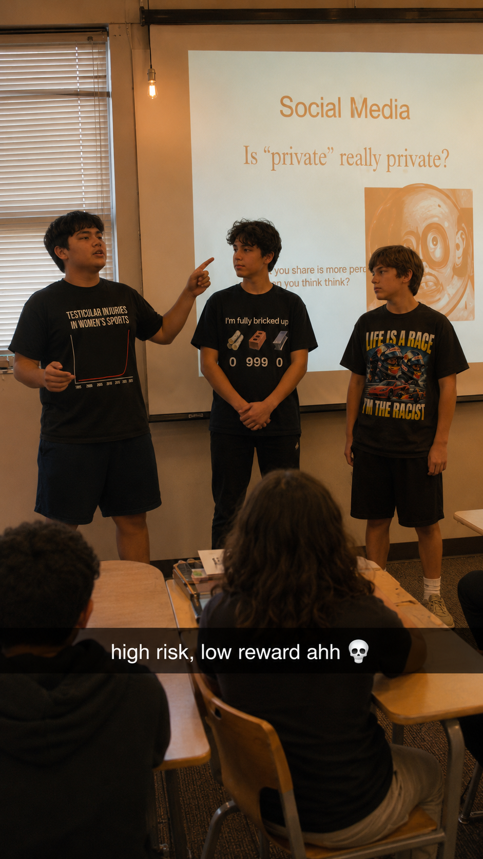 Students wearing Laughable shirts during a class presentation