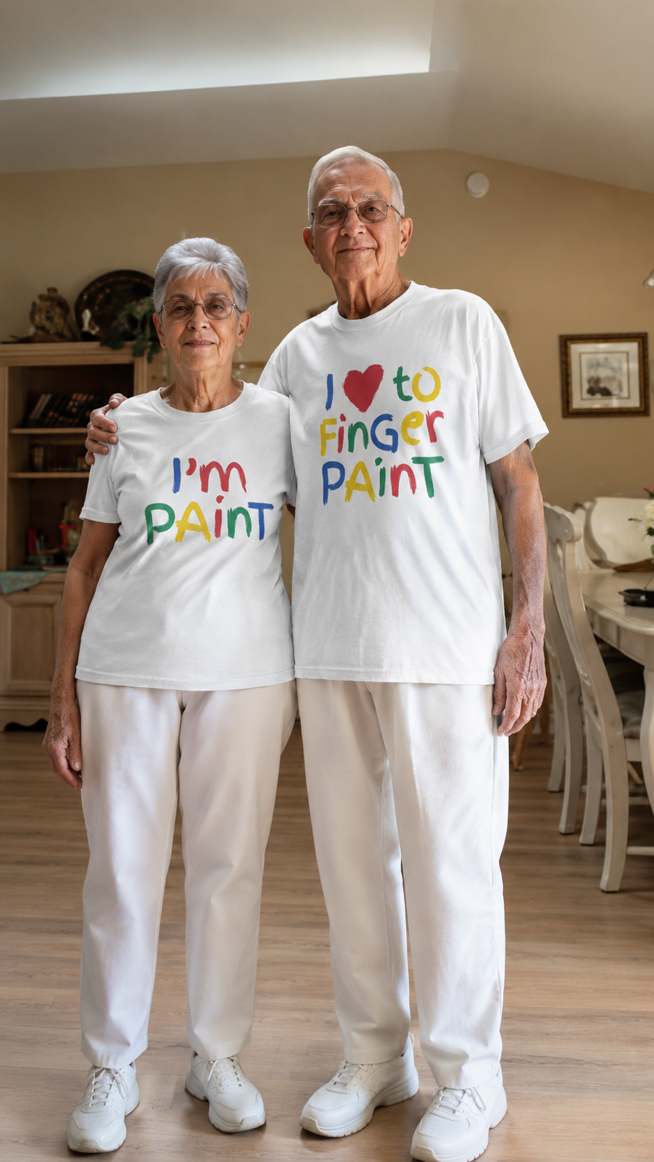 Couple wearing matching Finger Paint shirts